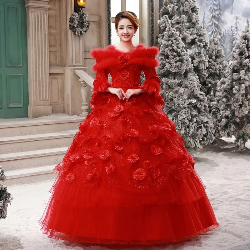 蓝骏启冬款婚纱礼服2024冬季红色一字肩长袖加厚加棉新娘结婚齐地