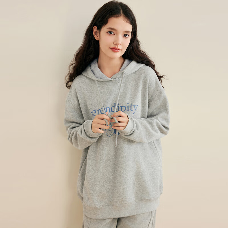 乐町韩系连帽基础卫衣草简约基础莓字母印花宽松上衣 香槟灰（现货） L