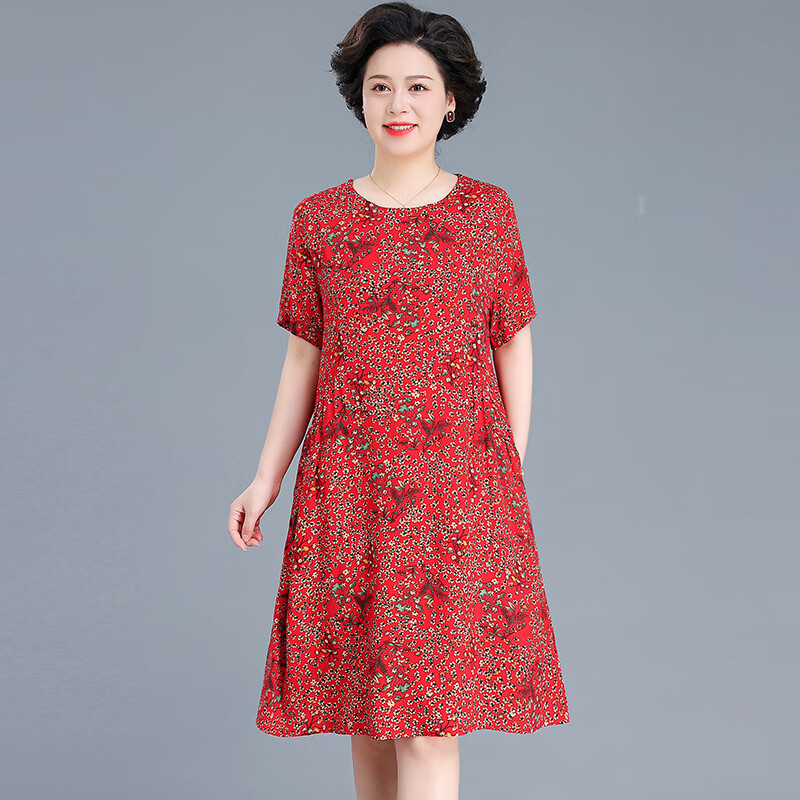 珂源羊媽媽夏裝連衣裙2024新款中老年女夏季舒適短袖裙子女 紅色 3XL 