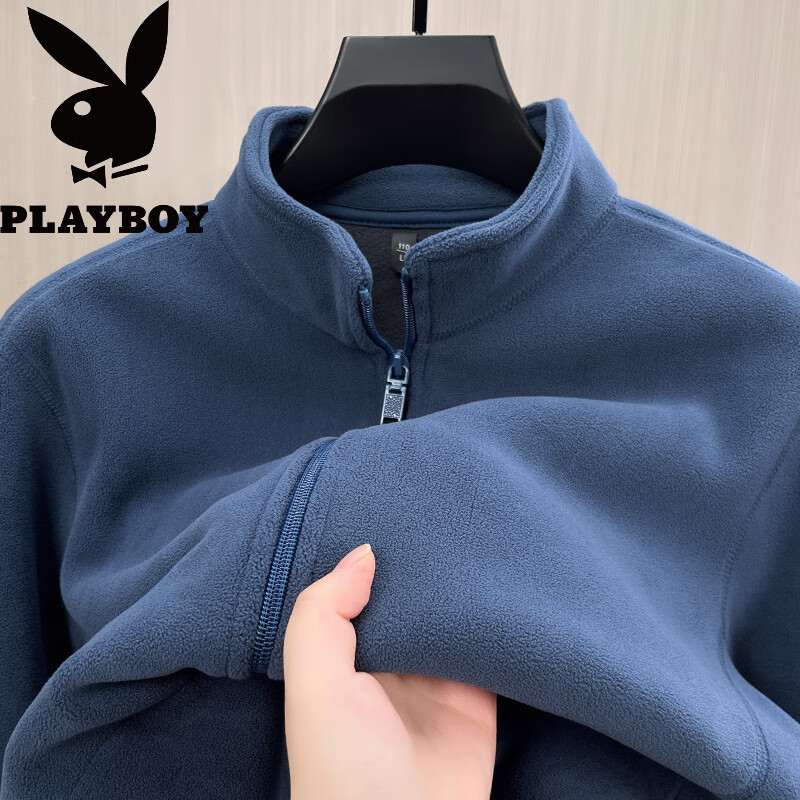 花花公子(PLAYBOY)摇粒绒加厚开衫卫衣男立领秋冬季奥粒绒外套男保暖抓衣绒外穿 黑色 -Y605 加绒 L 170 115-135斤