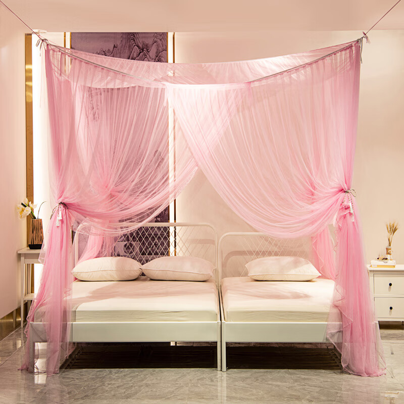 宇玲蚊帐榻榻米架子床圆床落地加密四柱床款 粉色 吸盘款
