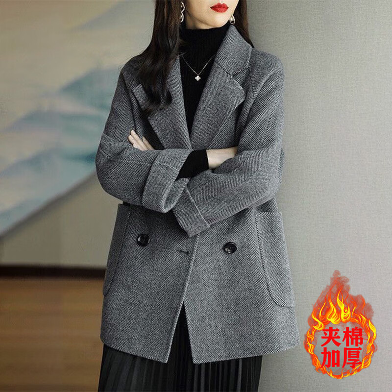 MODX香港女士毛呢外套女士中長(zhǎng)款小個(gè)子秋冬2024新款高端雙面羊毛呢子 加厚 混灰色加棉 4XL 【156-170斤】