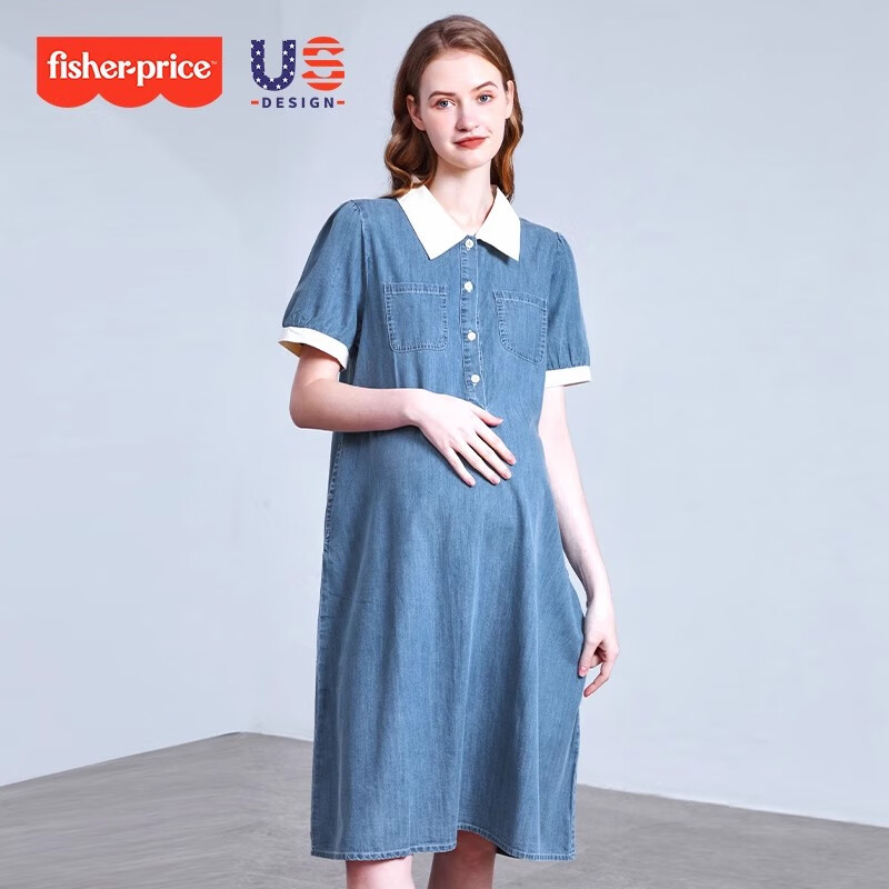 費雪（Fisher-Price）美國費雪夏裝新款韓版孕婦裝寬松可哺乳牛仔連衣裙潮媽過膝套裝女 藍色牛仔連衣裙 L
