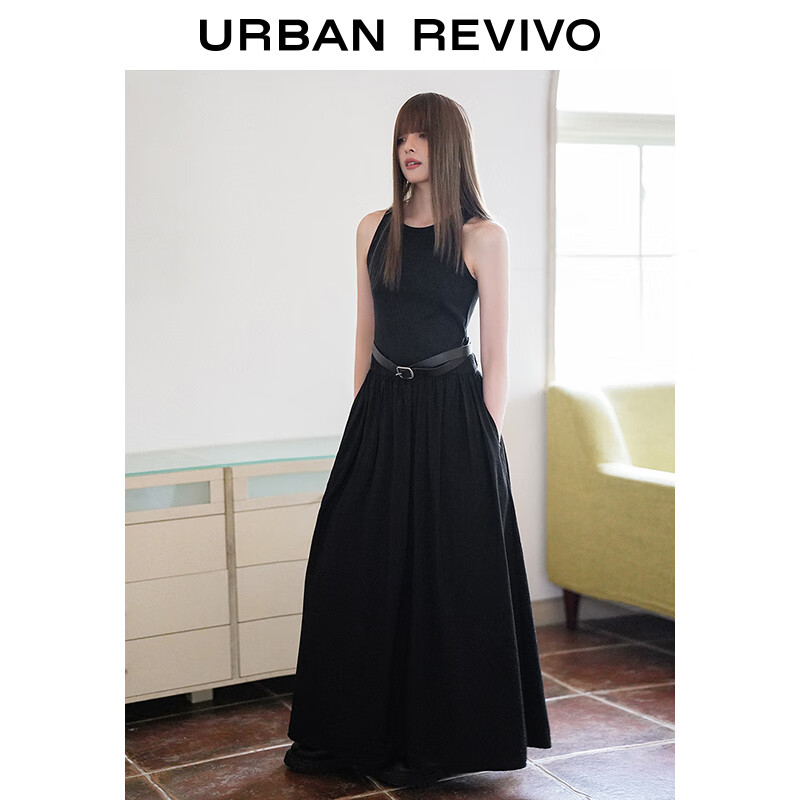 UR2024夏季新款女装时髦高街拼接腰带设计感A型连衣裙UWJ740011 正黑 S