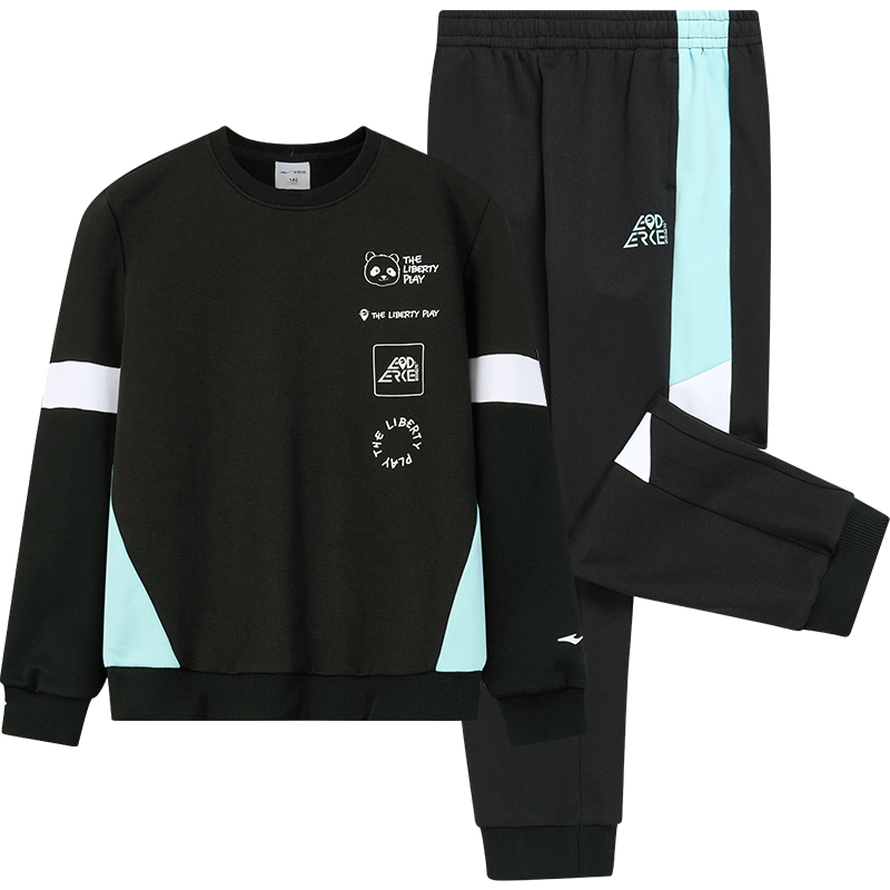 鸿星尔克（ERKE）童装男女童长袖套装儿童秋冬保暖卫衣套装正黑150