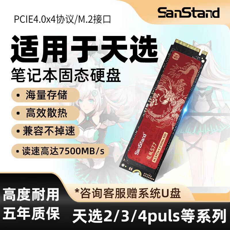 SanStand适用于天选笔记本固态硬盘1T专用2/3/4/5/5PRO FA506华硕Air电脑高速pcie扩展SSD固态硬盘m.2 龙版-1TB适用于天选4.0固态【7500M/S】 天选1代/2