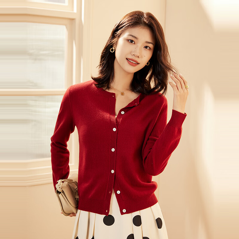 恒源祥【100%羊毛】纯羊毛衫针织开衫女装圆领单排扣保暖长袖毛衣外套 胭脂红 M /165/88A