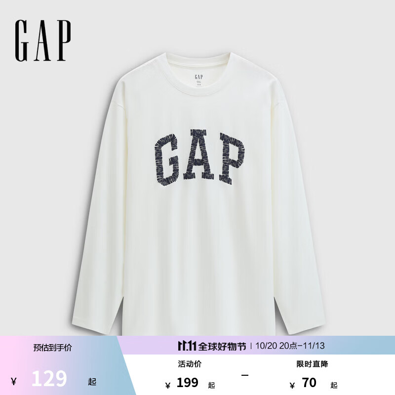 GAP男女装2025秋季新款logo纯棉宽松圆领长袖T恤休闲上衣 白色 M (170/92A) 亚洲尺码