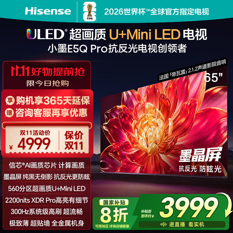 海信电视小墨E5Q Pro65英寸 560分区U+MiniLED 信芯芯片 抗反光防眩光墨晶屏 300Hz 国家补贴65E5Q-PRO