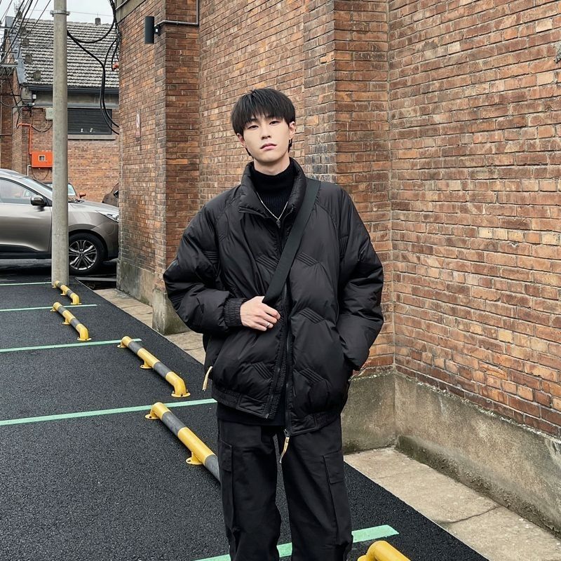 sudeebioy潮男穿搭痞帅一整套冬季潮流纯色加厚立领棉衣男美式设计感