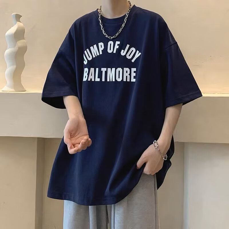 搭配牛仔裤的上衣男t恤男夏季圆领休闲短袖美式复古oversize 藏青色 m