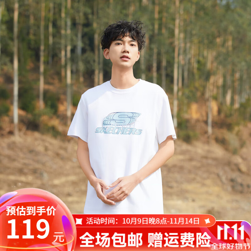 斯凯奇（Skechers）情侣同款纯棉夏季t恤短袖圆领户外夏宽松T恤短袖t恤男夏装U162 亮白色 XS