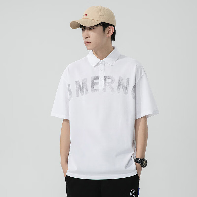 岚铠明夏季韩版短袖polo男青年日系印花t恤男士半袖男装 白色 m