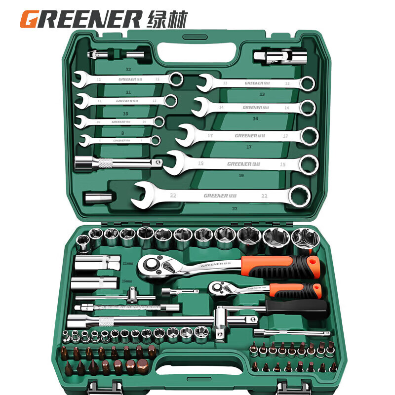 绿林（GREENER）82件专业汽修工具套装大小飞棘轮套装工具箱梅花开口两用扳手全套
