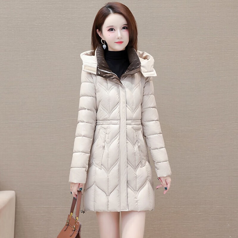 零度e族女装中长款拼色时髦保暖棉服年冬款长袖连帽修身洋气棉衣外套