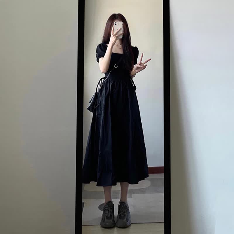 GARNUO法式方领赫本风黑色连衣裙女夏季小个子高级感裙子收腰小黑裙长裙 黑色 M 【106-120斤】