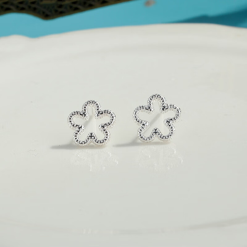 巴克乐乐韩版创意配饰简约镂空麻点五瓣花耳钉时尚白铜电镀银色花朵