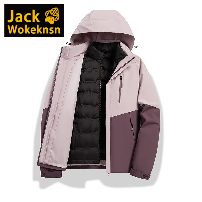 JACK WOKEKNSN狼爪云冲锋衣男女羽绒三合一情可拆卸户外秋冬加厚防风情侣外套 99536黑色男-羽绒三合一 XL
