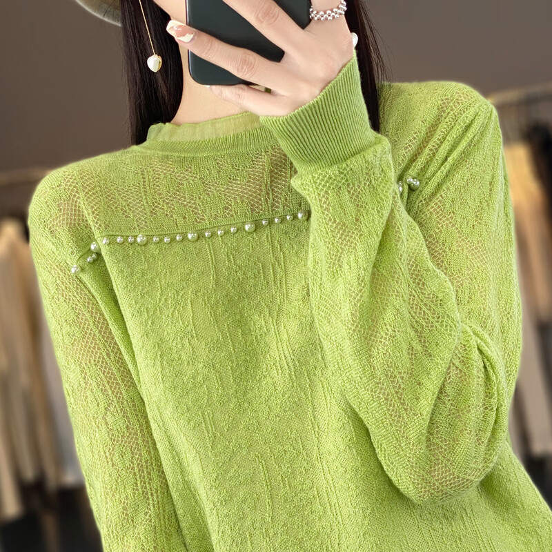 香影芬蕾丝打底衫女春秋2025新款洋气内搭显瘦长袖针织衫女钉珠上衣毛衣 米色 M (建议95-105斤)