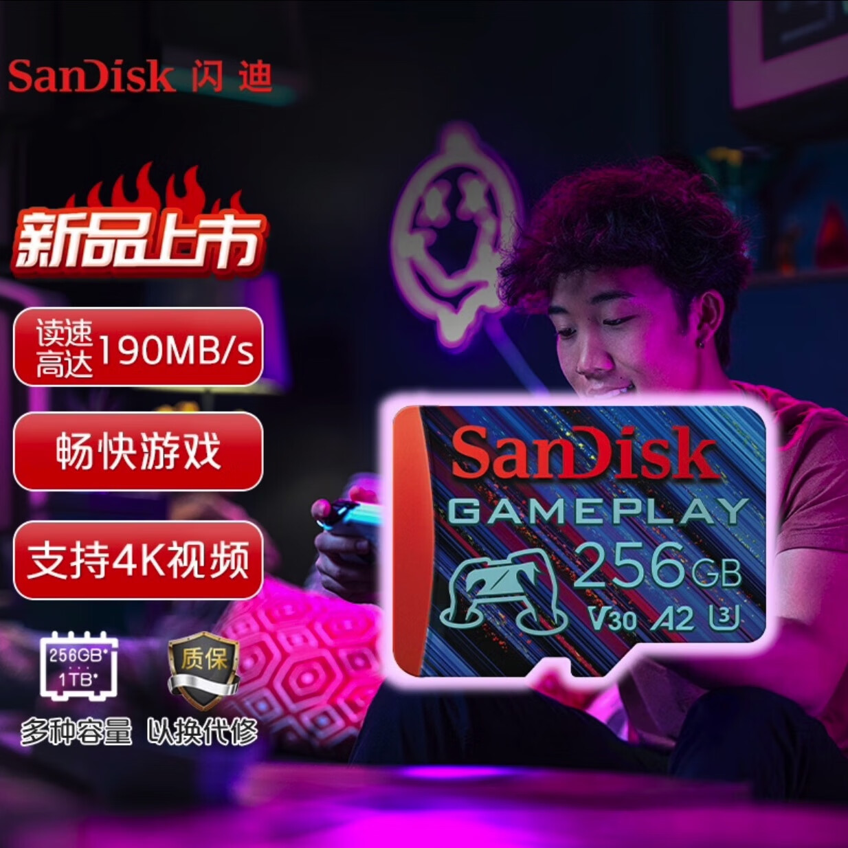 闪迪TF U3 V30 4K游戏卡 读速190MB/s 写速130MB/s 游戏不卡 掌机专用 256GB