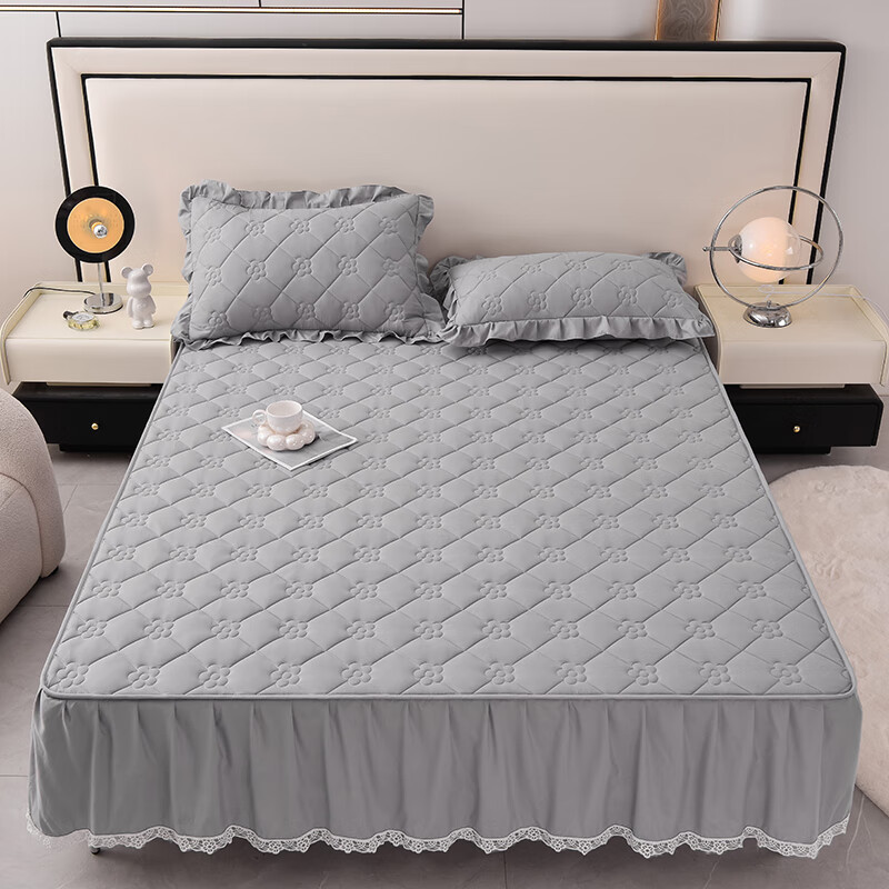 诸禄家纺 床笠式床裙二合一四件套A类原棉夹棉床罩床围裙四季2025新款 太阳花-夜灰 床裙款 2.0m四件套