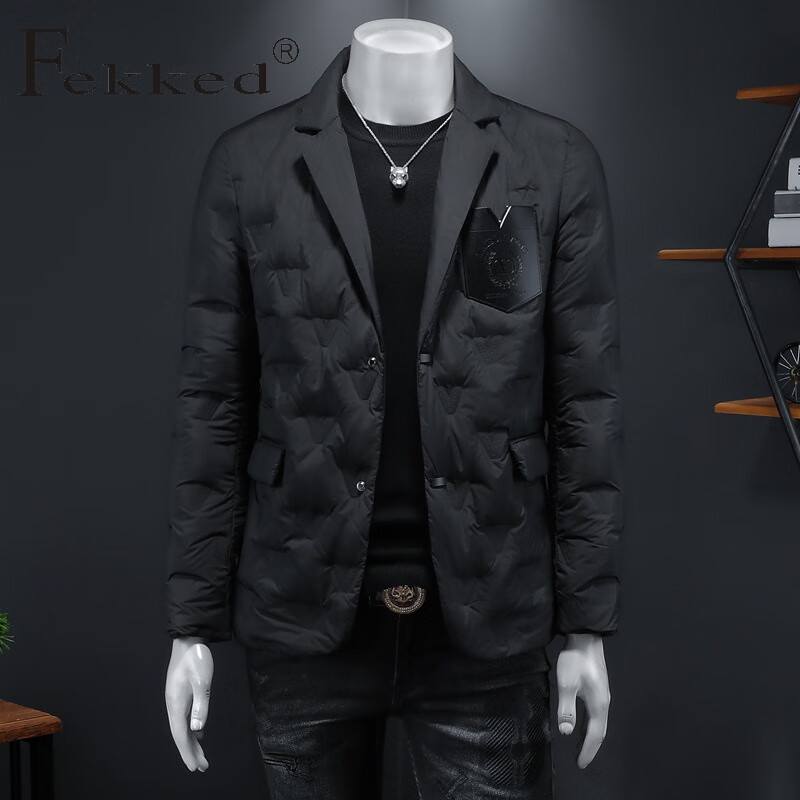 Fekked香港潮牌2024男士秋冬新款白鸭绒压花西装领服外套商务休闲羽绒服 黑色 M