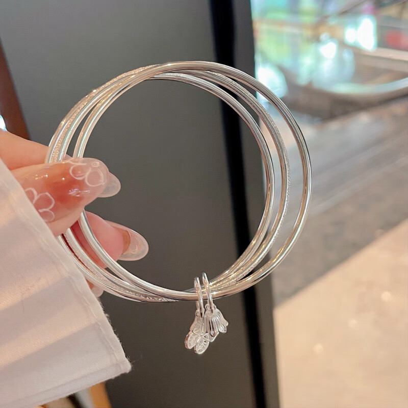 老银匠三生三世纯银手镯女s实心三圈手链送女朋友老婆情人节礼物 双环四叶草 25克 60mm 体重105-1