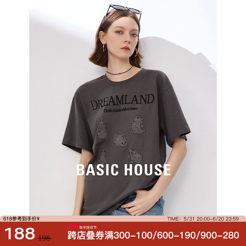 BASIC HOUSE/百家好全棉针织T恤2024夏季新款圆领刺绣短袖女上衣 深灰 S