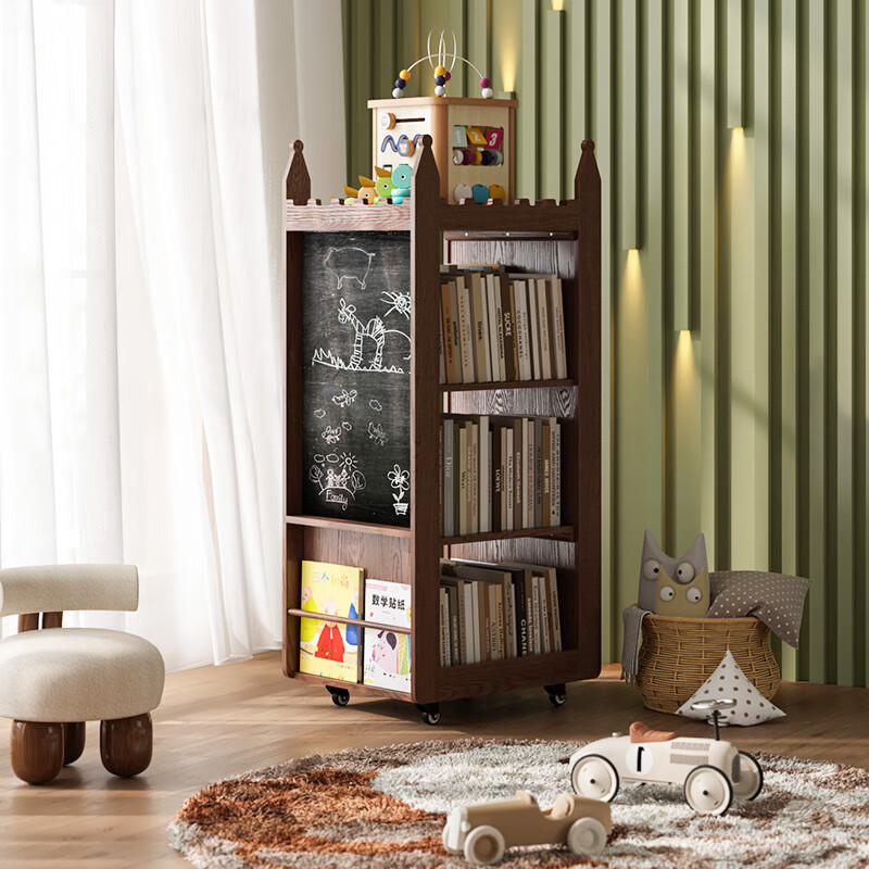 念之依全实木可涂鸦黑板旋转书架360度客厅家用落地置物架多层 胡桃色