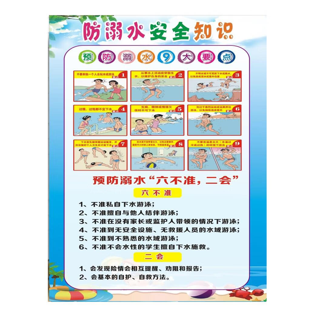 溺水安全挂图校园公益海报宣传画 防溺水七不二会墙贴画背胶 六不准二