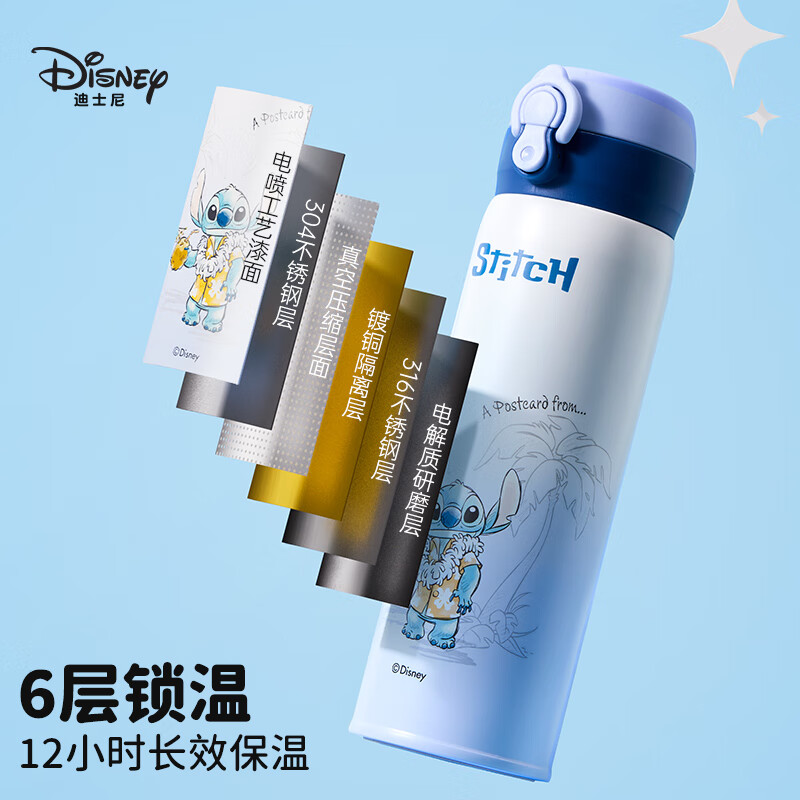 迪士尼（Disney）儿童保温杯可爱高颜值不锈钢双饮杯直饮杯男女小学生上学用水杯 史迪奇双饮杯 480ml