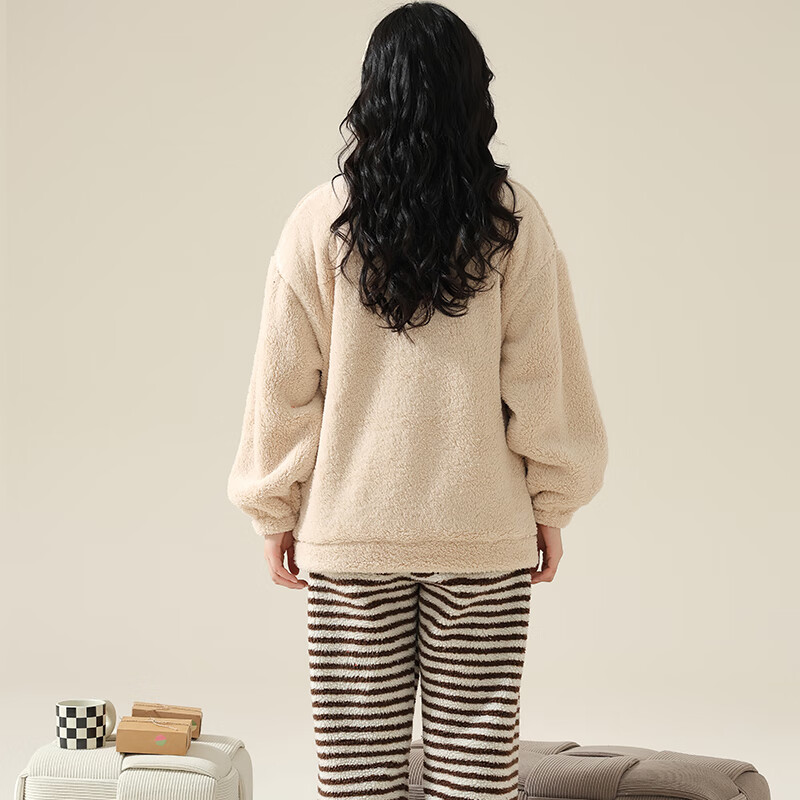 华婷露(Huatinglu)加绒加厚睡衣女长袖长裤套装宽松套头圆领长毛绒保暖加厚家居服 杏色条纹 XL (建议110-130斤穿)