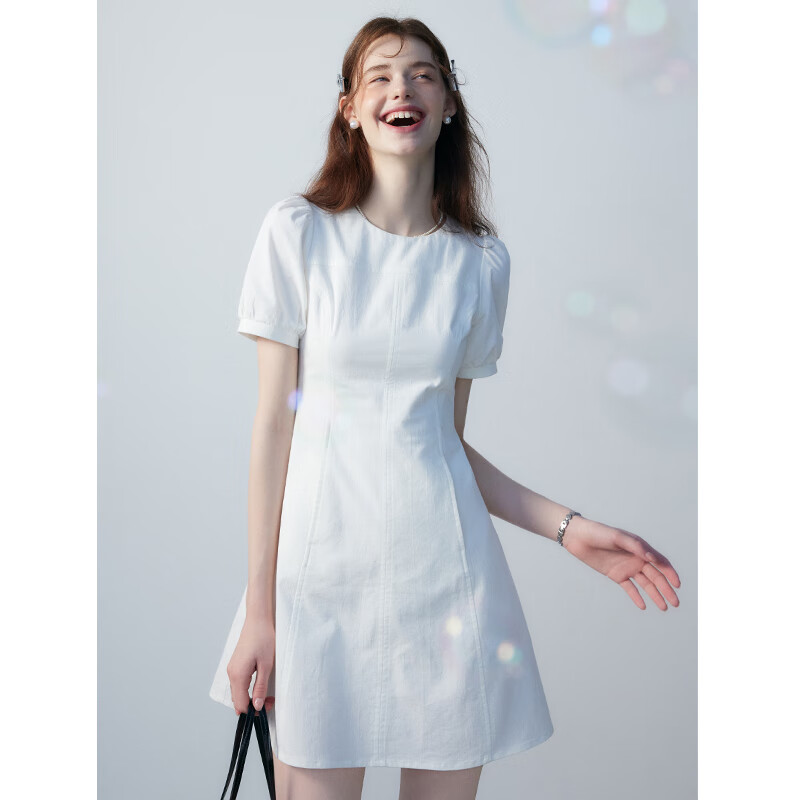 EGGKA 收腰圆领连衣裙女夏季2024新款泡泡袖气质修身显瘦纯色短裙 米白 S