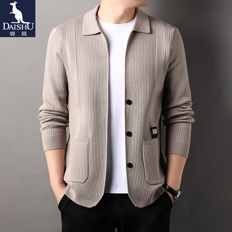 袋鼠针织衫男开衫翻领厚款保暖毛衣秋冬中青年男士韩版时尚休闲外套男 8622驼色 M (165)