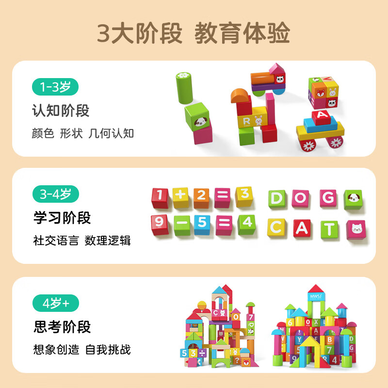 木玩世家大颗粒积木玩具木质拼装桶宝宝婴儿玩具益智早教幼儿童1-3岁礼物 50粒益智积木盒装