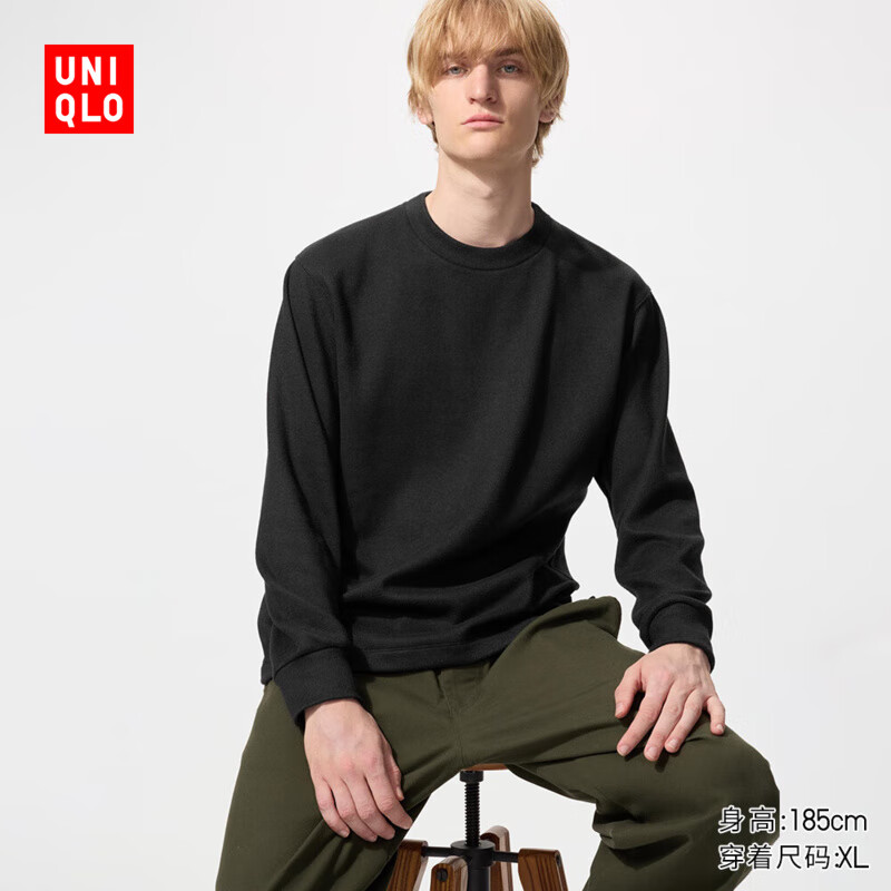 优衣库男装柔软针织摇粒绒圆领套头衫/长袖T恤25秋冬新款479791 09 黑色 L /175/100A