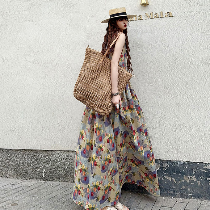 严莘超长裙子超长款脚踝 特长 加长款2024长款及踝油画风复印花背心裙