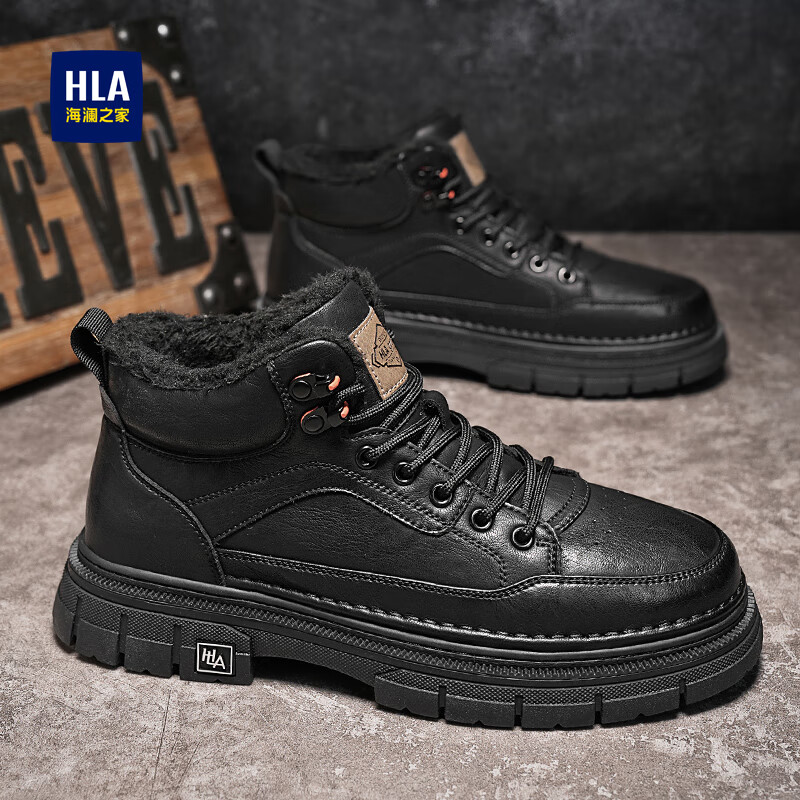 海澜之家马丁靴男鞋子男鞋秋冬2025新款男士马丁靴高帮棉鞋男增高休闲皮靴 黑色【加绒加厚棉鞋男436】 43