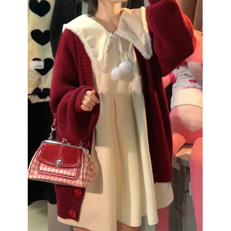 恬钦新年衣服女圣诞节连衣裙韩剧两件套装女秋冬红色新年战袍过年奶乖