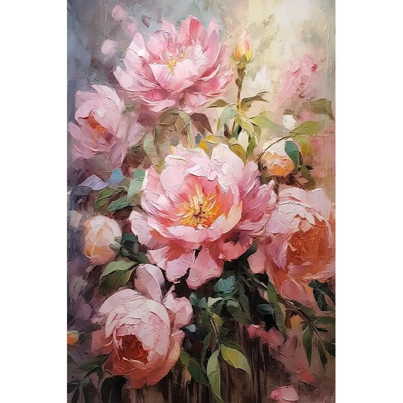 艺幻牡丹花纯手绘油画玄关装饰画客厅抽象粉色奶油风花开富贵肌理挂画