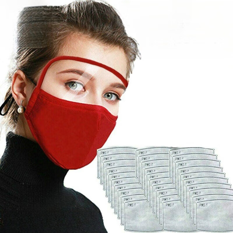 里普翎带眼罩口罩防溅面罩透明防尘可水洗棉布 红色 1个