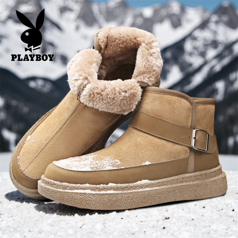 花花公子鞋子男款2025冬季新款男鞋加绒加厚棉鞋高帮板鞋男休闲保暖雪地靴 卡其 PL250123677 40