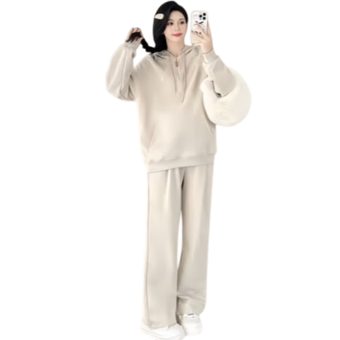 苒祺祺孕婦裝秋季套裝上衣長(cháng)袖寬松連帽拉鏈衛衣褲子兩件套2025新款秋裝 杏色套裝 XXL