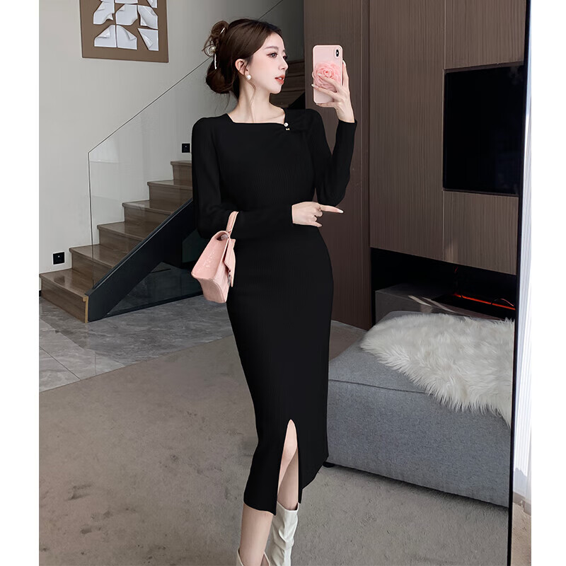 高端小个子气质修身内搭裙女秋冬新款法式感针织开叉连衣裙潮 黑色 s