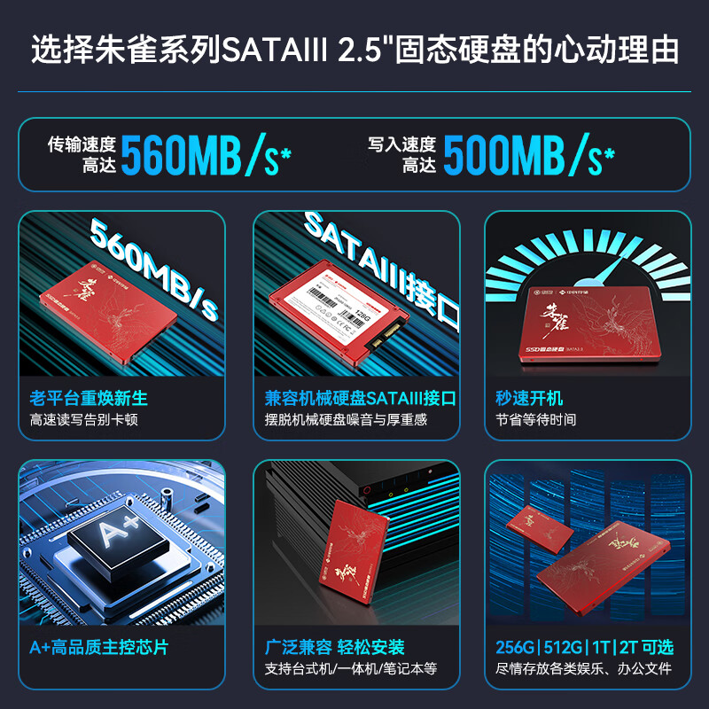 中科存 SSD固态硬盘 2.5英寸 SATA3.0 高速读写 台式机/笔记本电脑通用 稳定耐用 [512GB]朱雀系列|SATA3.0