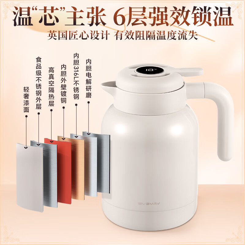 宝威玛(BVGMAV)保温壶大容量 316不锈钢内胆暖水瓶 高档居家办公按压式热水壶 粉晶紫【升级款温显焖茶】1.6L
