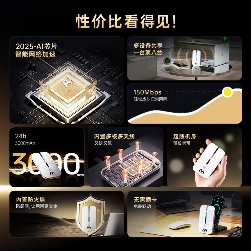 椰贝随身wifi无线可移动5g无限流量2025款全国通用wifi6免插卡三网通便携式内置卡官方正品 【旗舰款】全网通-超长续航-网速可达150M
