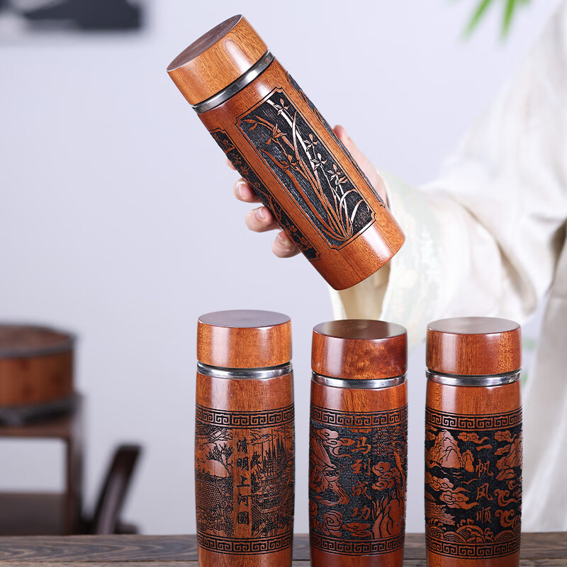 檀轩阁紫砂保温杯紫砂胆茶杯男士款实木外壳红木水杯送父亲生日节日礼物 梨花木-清明上河图(皮盒)300ml