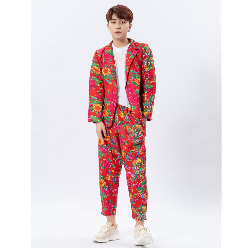 赛卓菲东北大花布秋冬季西服男潮流休闲舒适个性伴郎伴娘服装 红色
