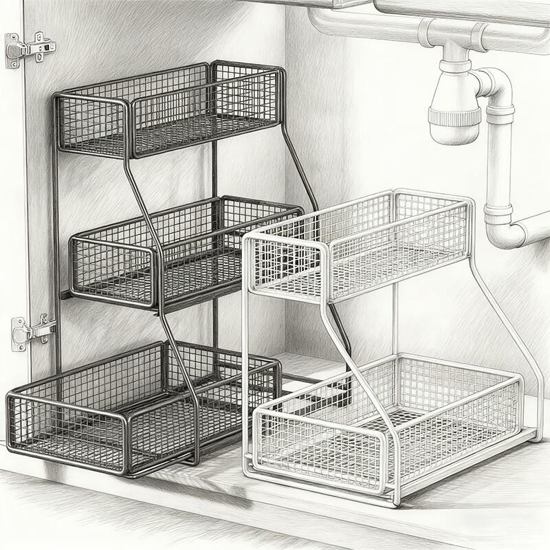 尔思家厨房架置物架下水槽橱柜下内置分层架落地一体靠墙免安装沥水架 黑色-三层_左抽屉